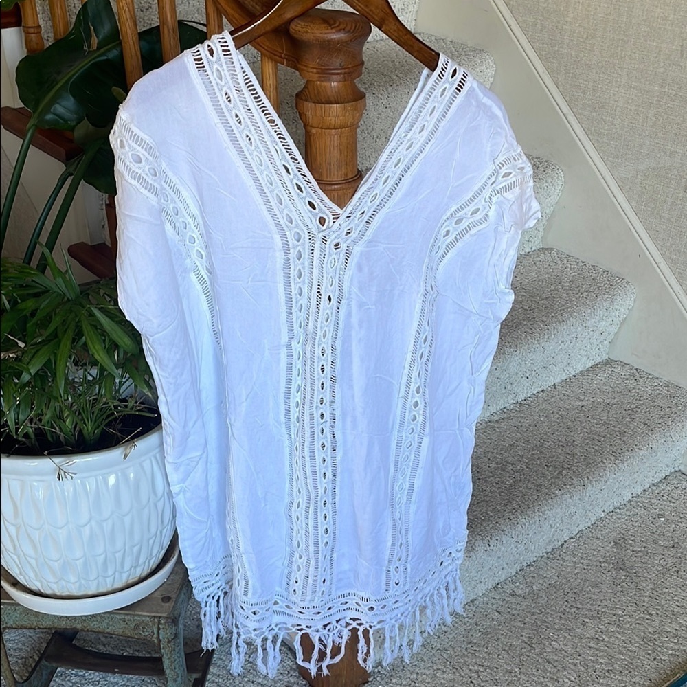 Raviya White Crochet Boho Fringe Cover-Up